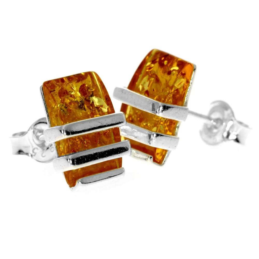 Sterling Silver & Genuine Baltic Amber Rectangular Studs Earrings - AC009