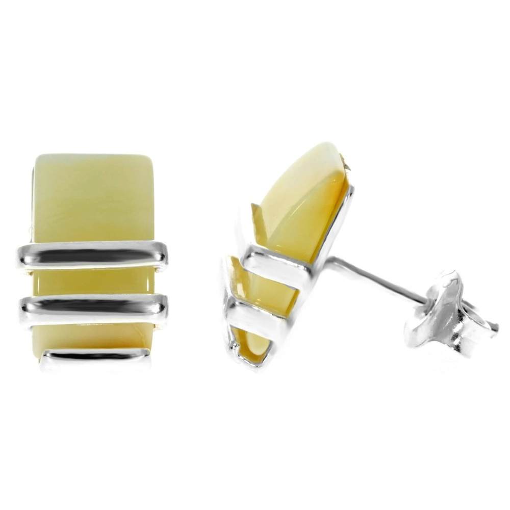 Sterling Silver & Genuine Baltic Amber Rectangular Studs Earrings - AC009