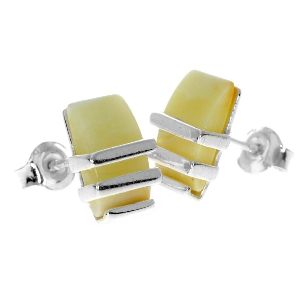Sterling Silver & Genuine Baltic Amber Rectangular Studs Earrings - AC009