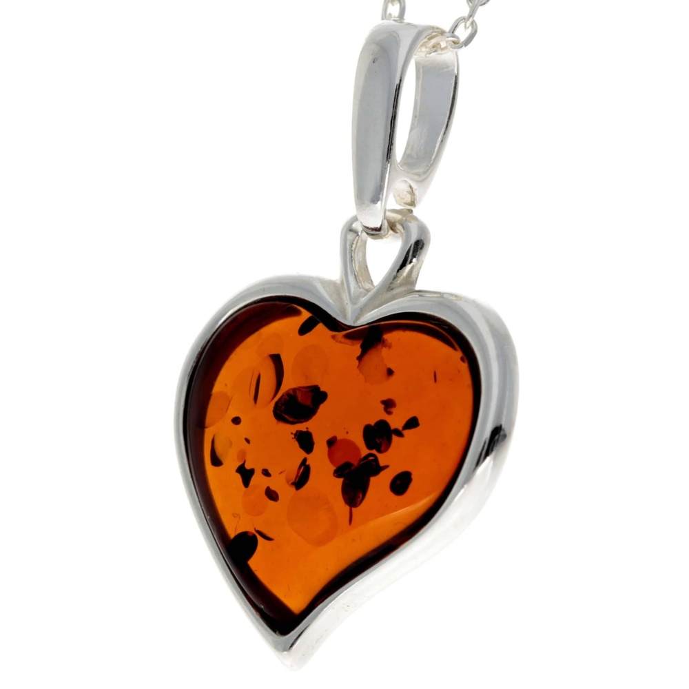 925 Sterling Silver & Baltic Amber Classic Heart Engraved Pendant - AD200