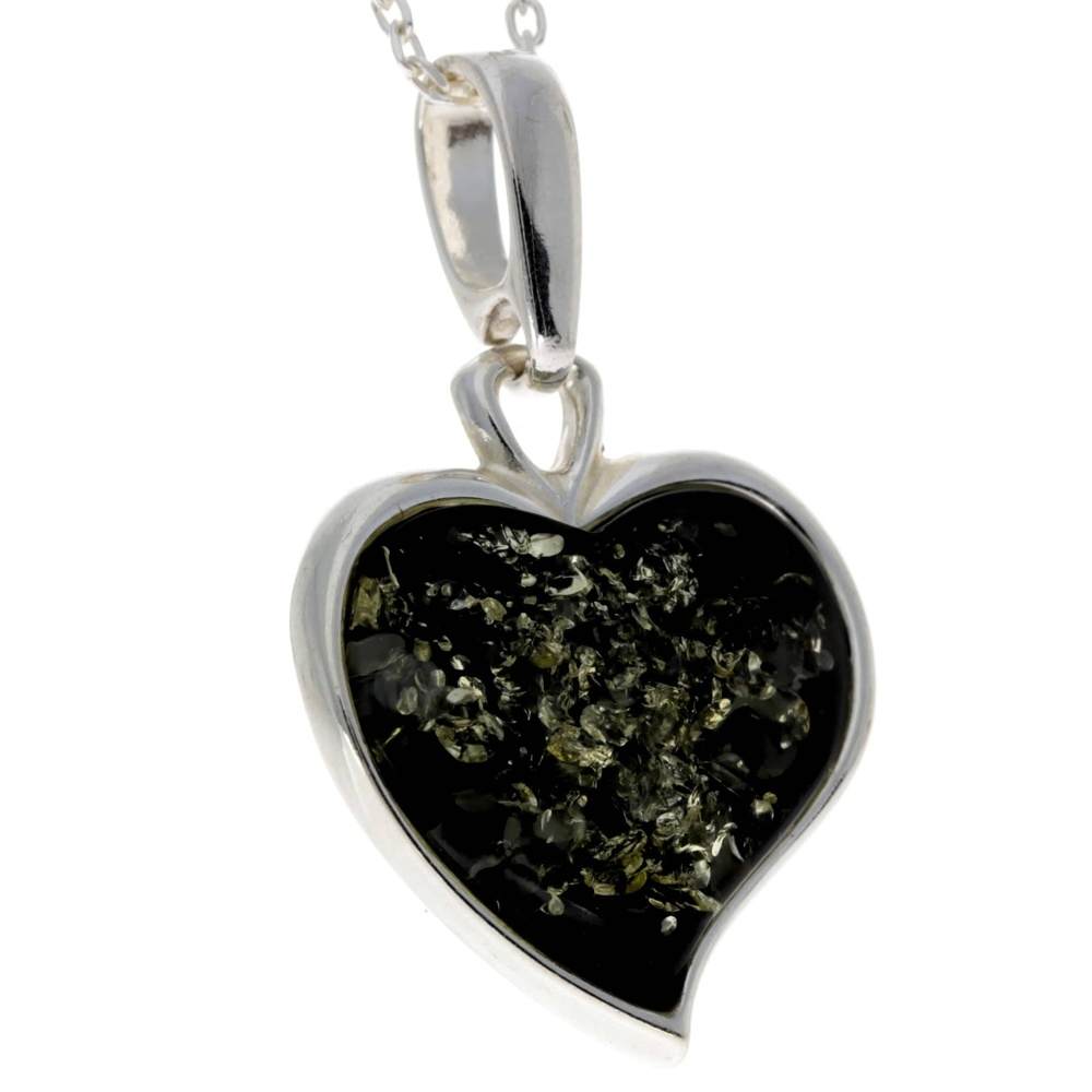 925 Sterling Silver & Baltic Amber Classic Heart Engraved Pendant - AD200