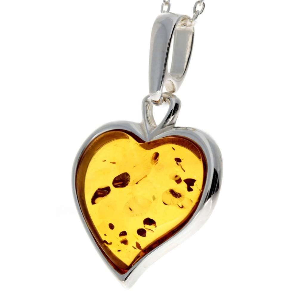 925 Sterling Silver & Baltic Amber Classic Heart Engraved Pendant - AD200