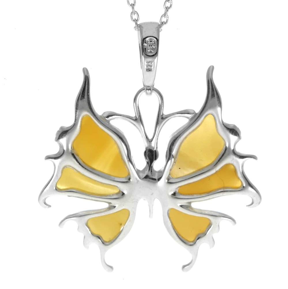 925 Sterling Silver & Genuine Baltic Amber Modern Butterfly Pendant - AD223