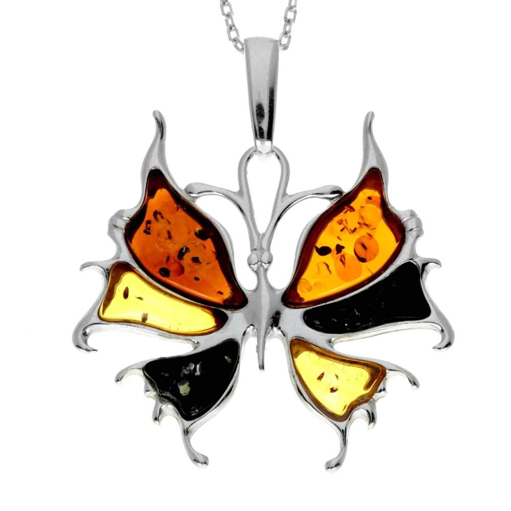 925 Sterling Silver & Genuine Baltic Amber Modern Butterfly Pendant - AD223