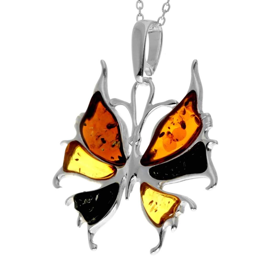 925 Sterling Silver & Genuine Baltic Amber Modern Butterfly Pendant - AD223