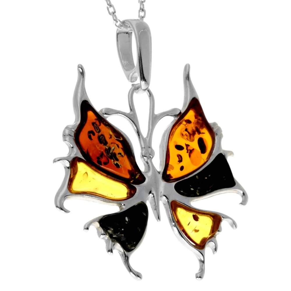 925 Sterling Silver & Genuine Baltic Amber Modern Butterfly Pendant - AD223
