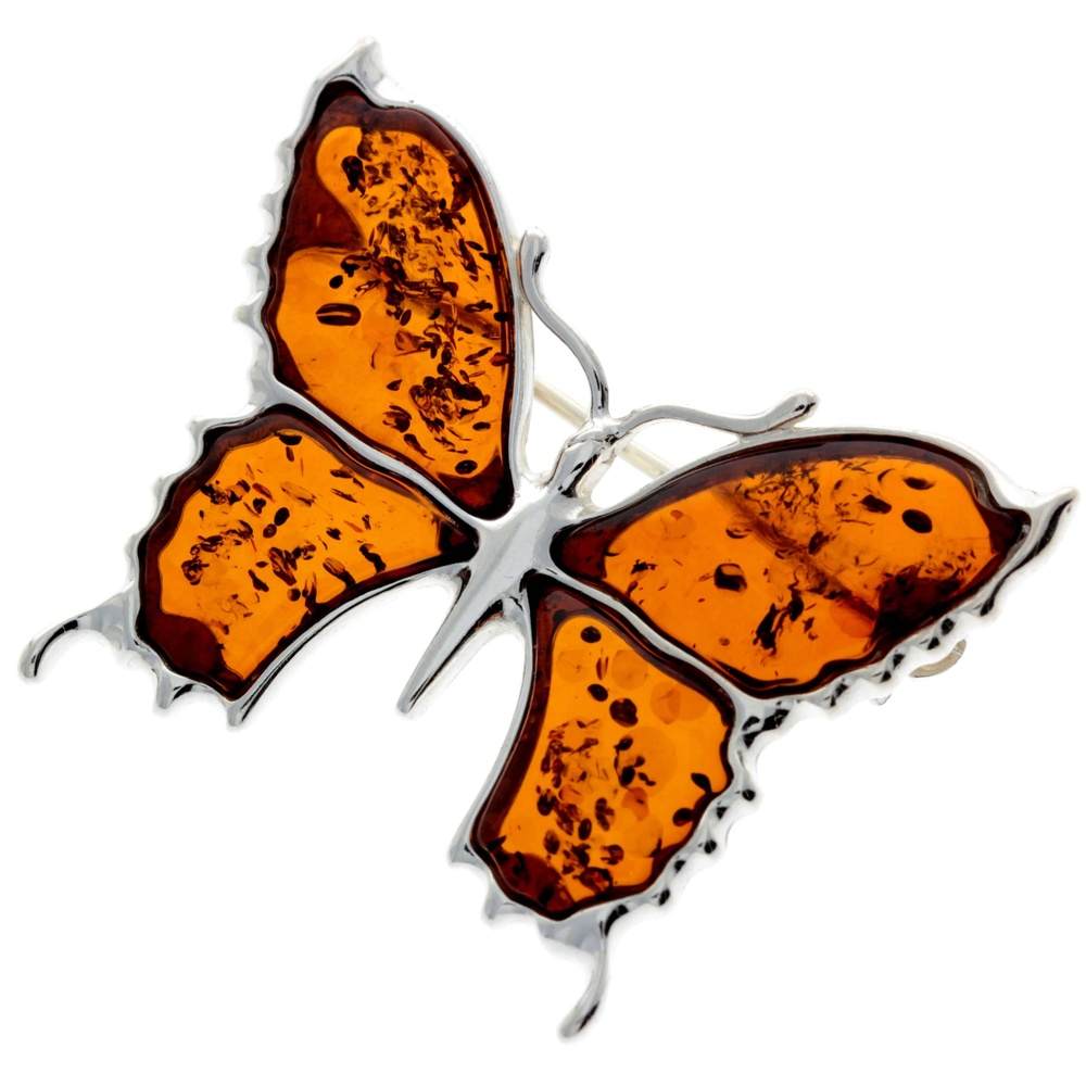 925 Sterling Silver & Baltic Amber Exclusive Large Butterfly Brooch - AD800
