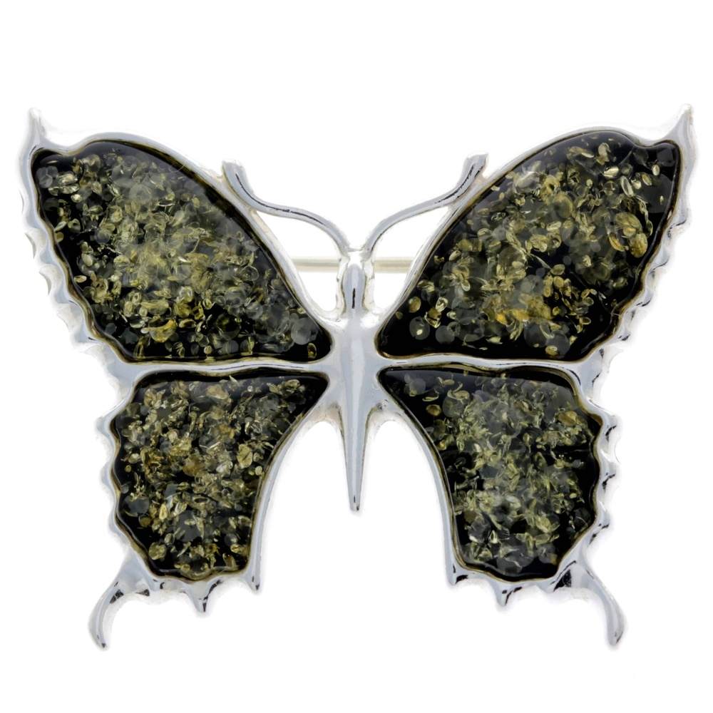925 Sterling Silver & Baltic Amber Exclusive Large Butterfly Brooch - AD800