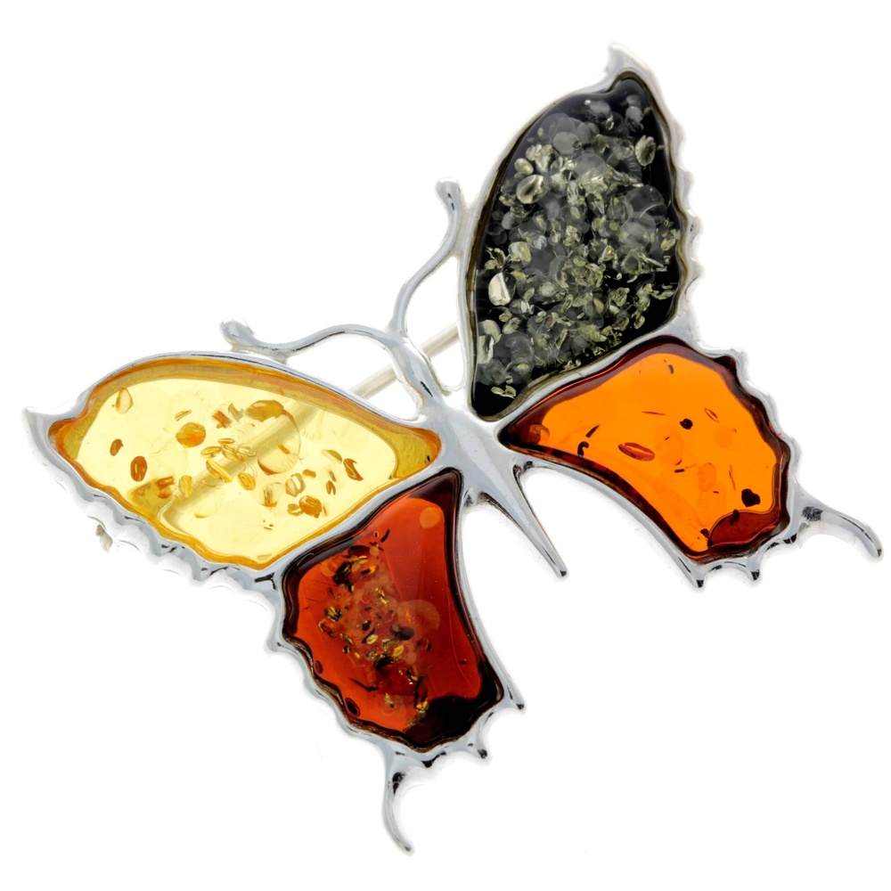 925 Sterling Silver & Baltic Amber Exclusive Large Butterfly Brooch - AD800