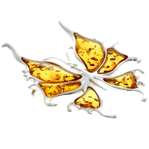 925 Sterling Silver & Genuine Baltic Amber Exclusive Butterfly Brooch - AD805