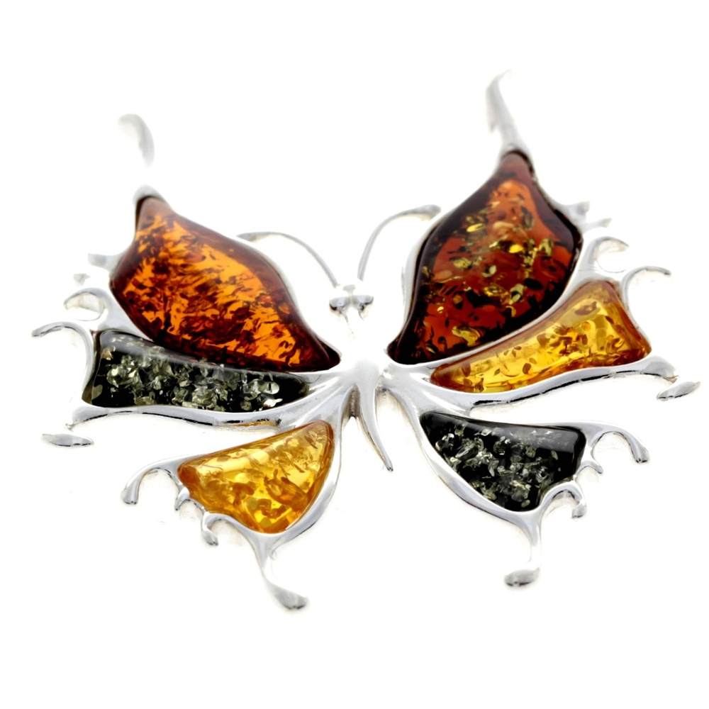 925 Sterling Silver & Genuine Baltic Amber Exclusive Butterfly Brooch - AD805