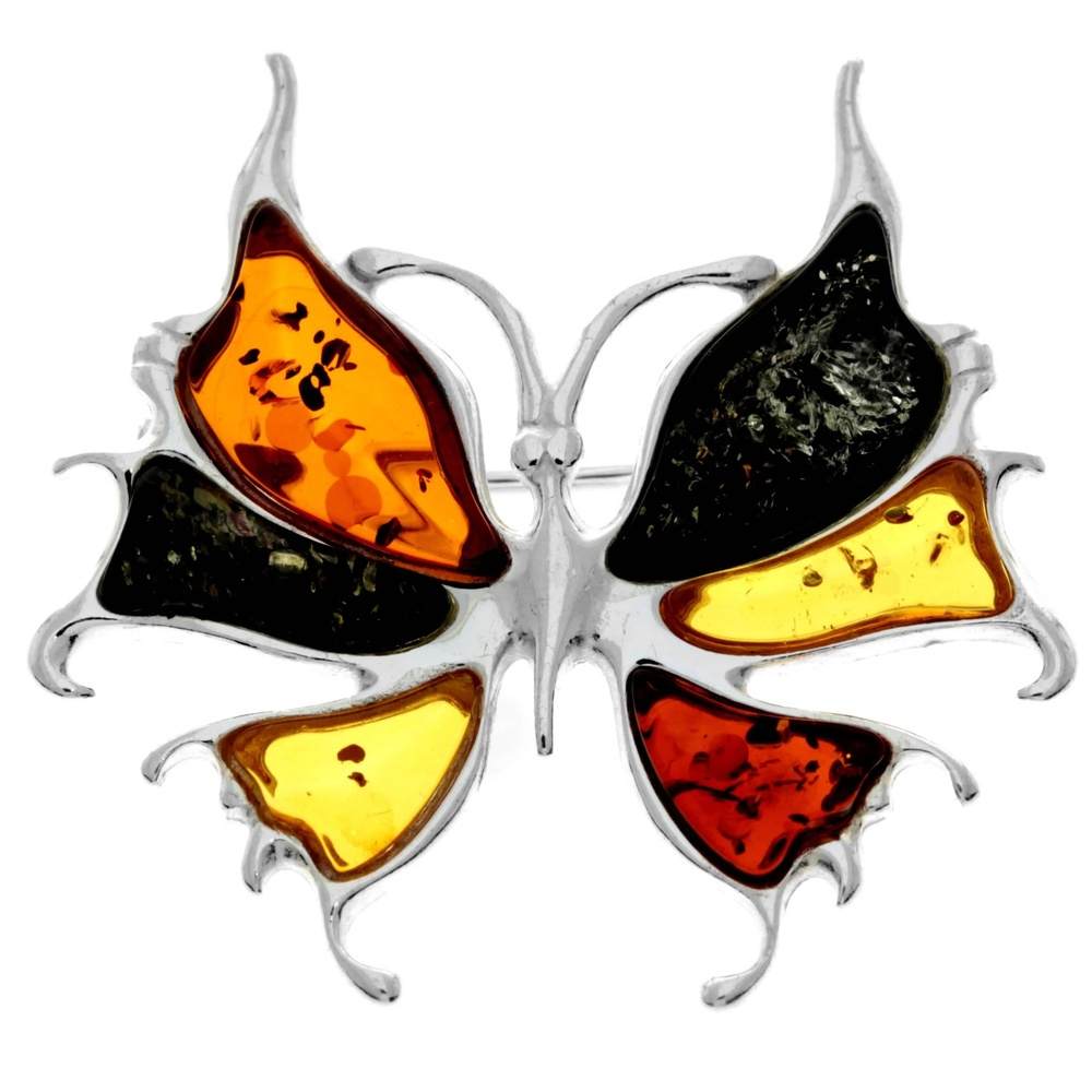 925 Sterling Silver & Genuine Baltic Amber Exclusive Small Butterfly Brooch - AD805S