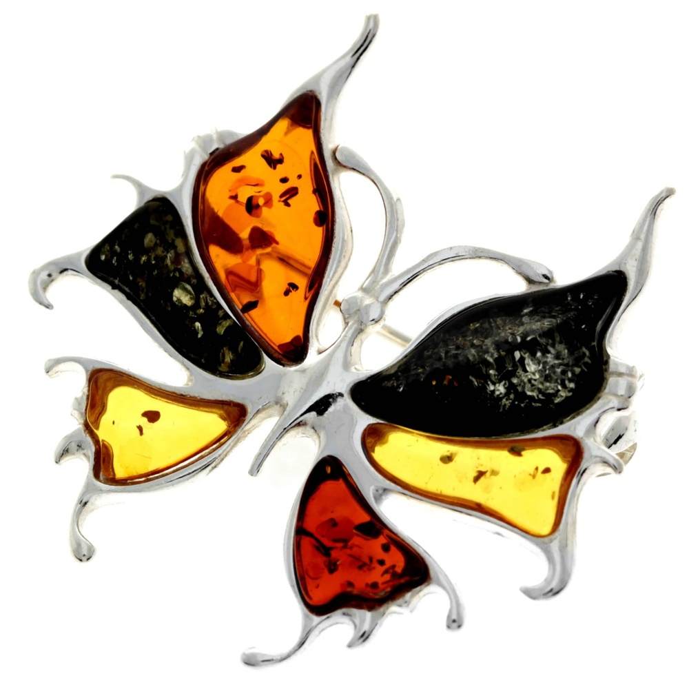 925 Sterling Silver & Genuine Baltic Amber Exclusive Small Butterfly Brooch - AD805S