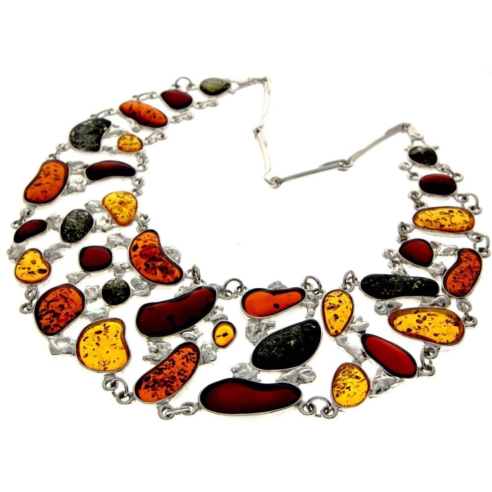 925 Sterling Silver & Genuine Baltic Amber Multi Stones Unique Heavy Exclusive Necklace - AD907