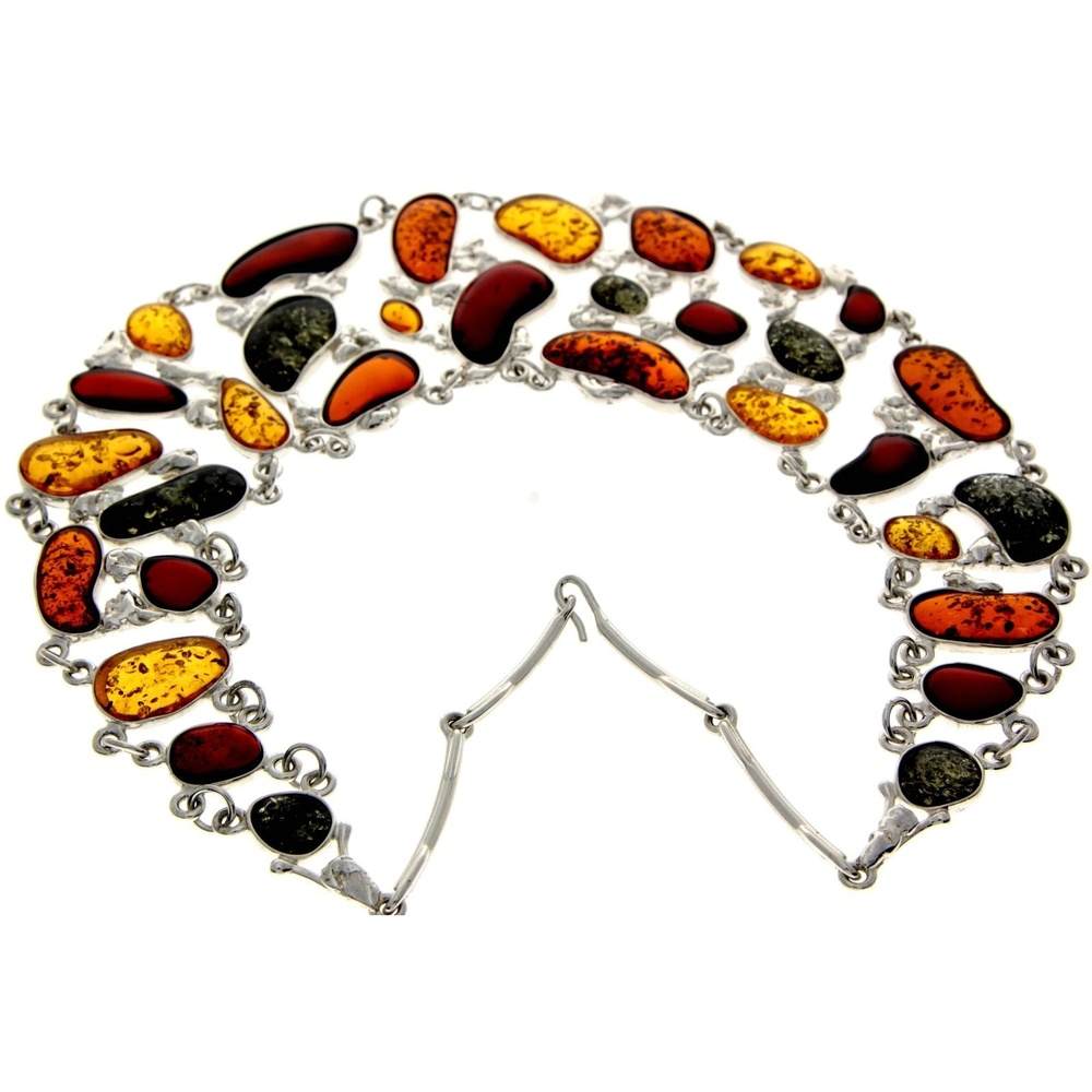 925 Sterling Silver & Genuine Baltic Amber Multi Stones Unique Heavy Exclusive Necklace - AD907