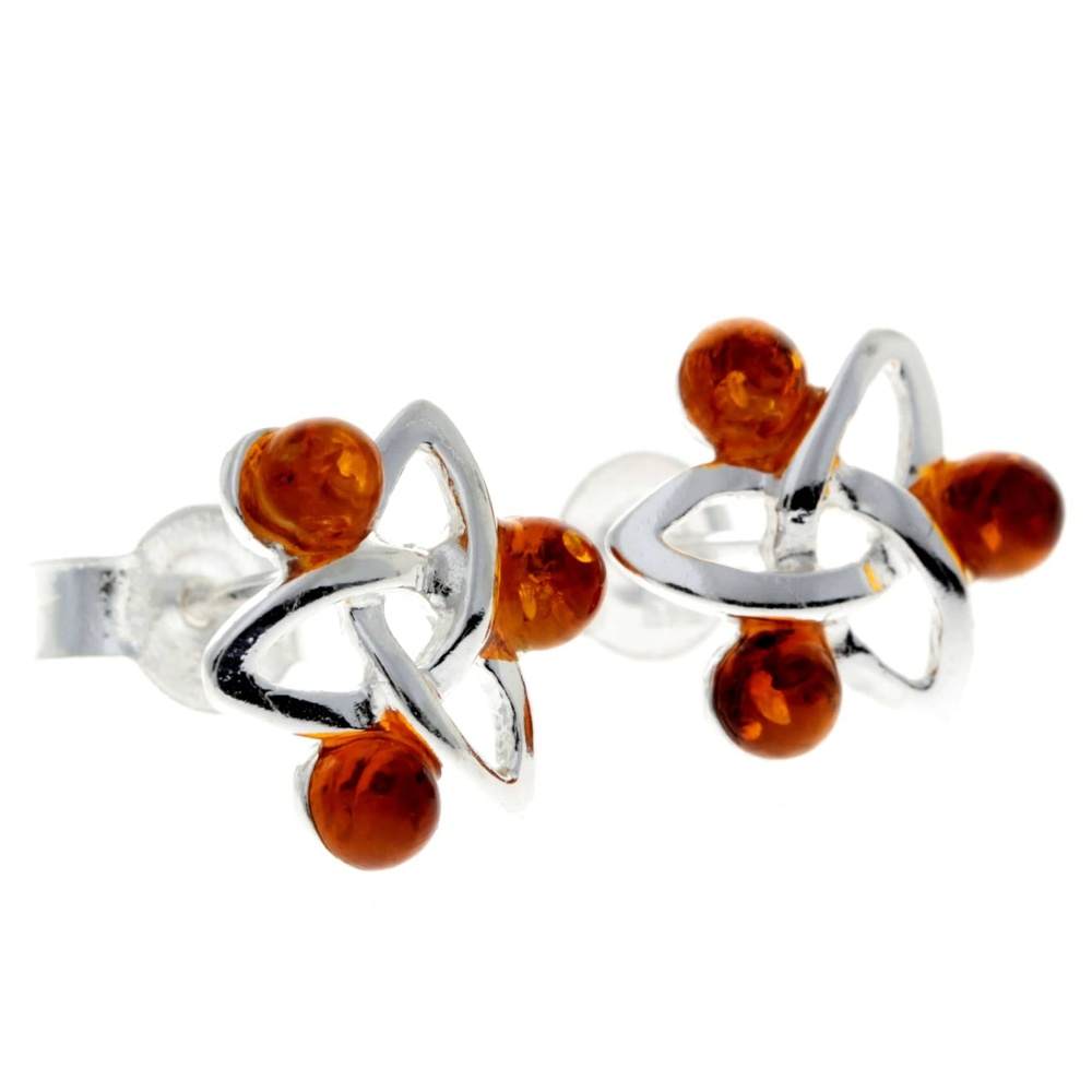 925 Sterling Silver & Genuine Baltic Amber 3 Stone Celtic Studs Earrings - AE2