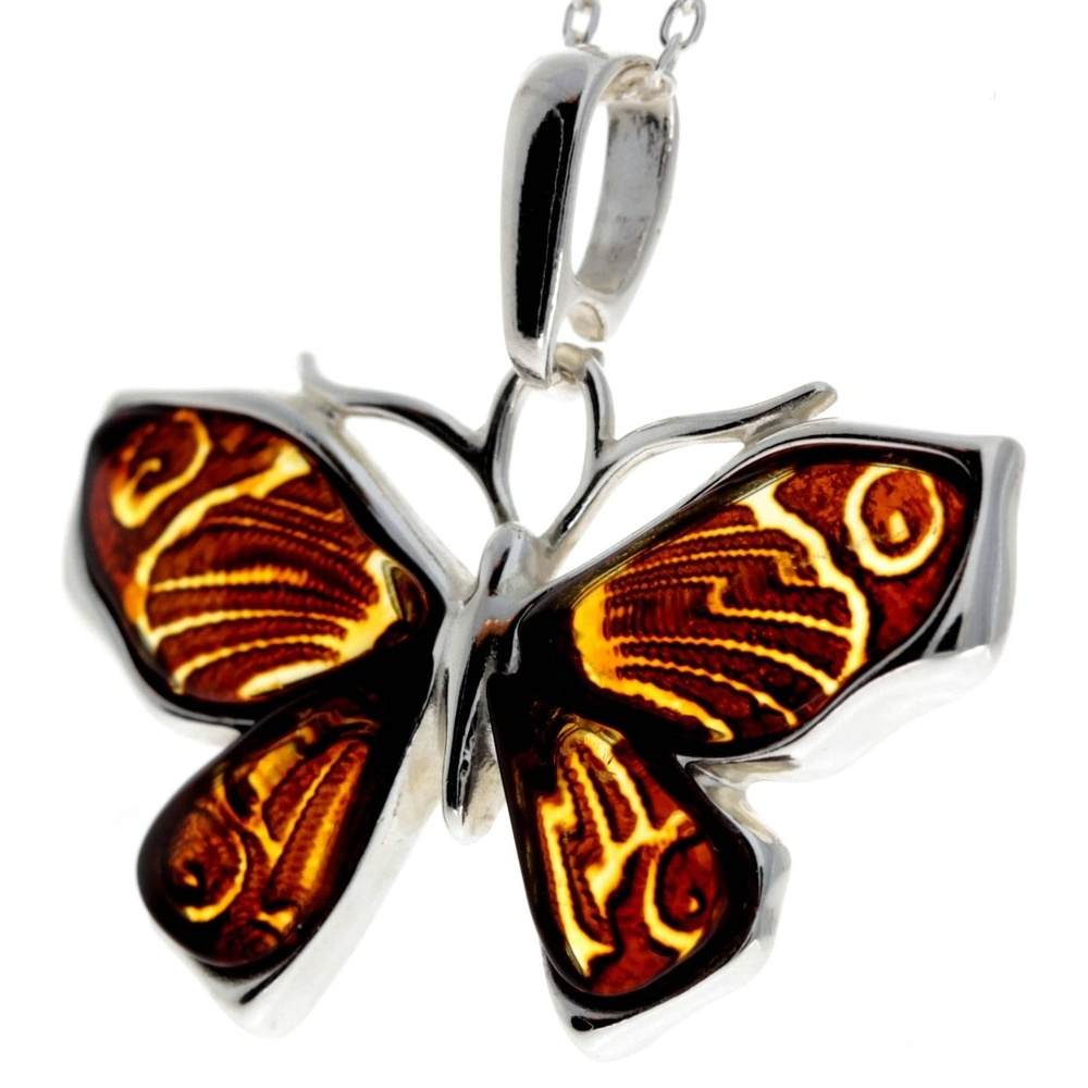 925 Sterling Silver & Genuine Baltic Amber Butterfly Pendant - AD217