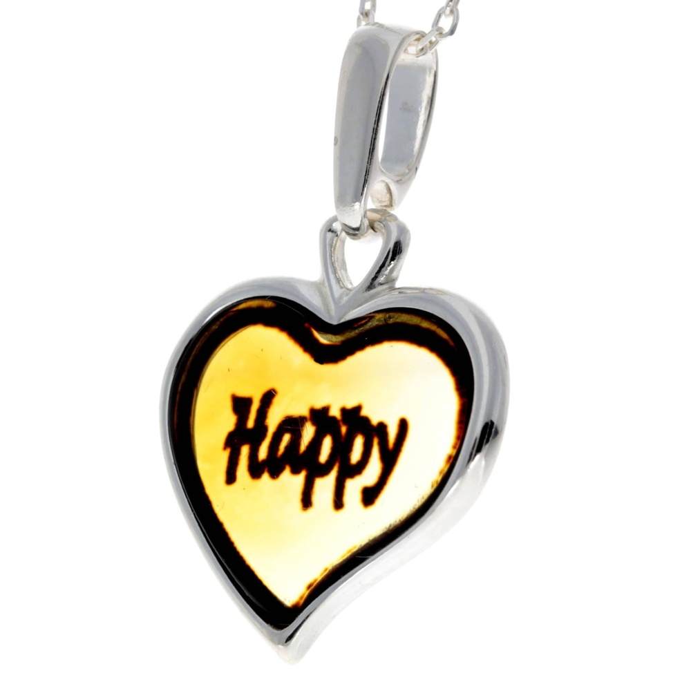 925 Sterling Silver & Baltic Amber Classic Heart Engraved Pendant - AD200