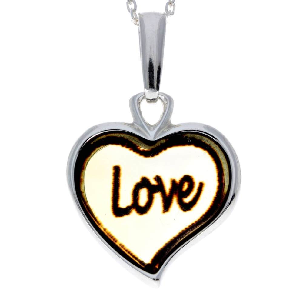 925 Sterling Silver & Baltic Amber Classic Heart Engraved Pendant - AD200