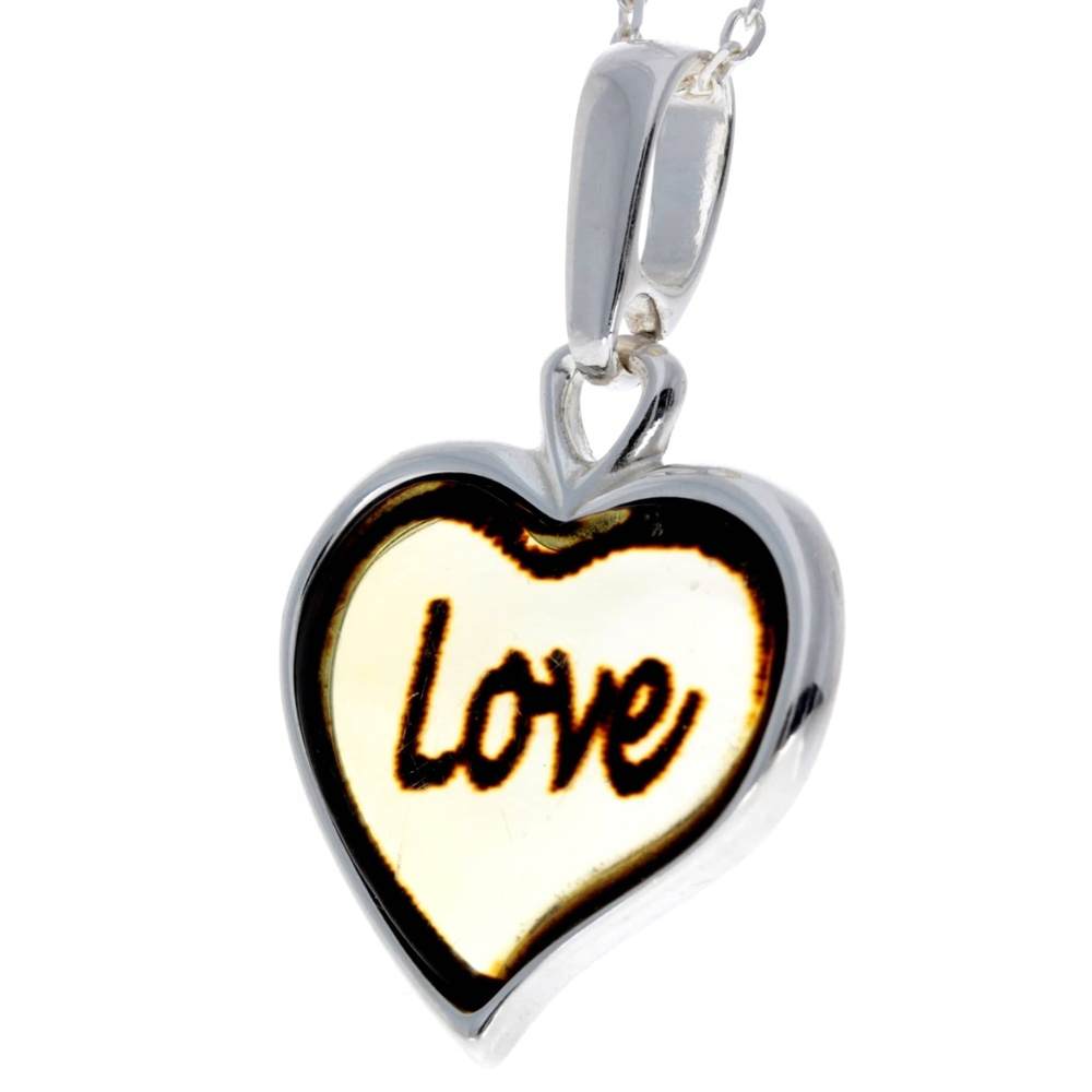 925 Sterling Silver & Baltic Amber Classic Heart Engraved Pendant - AD200