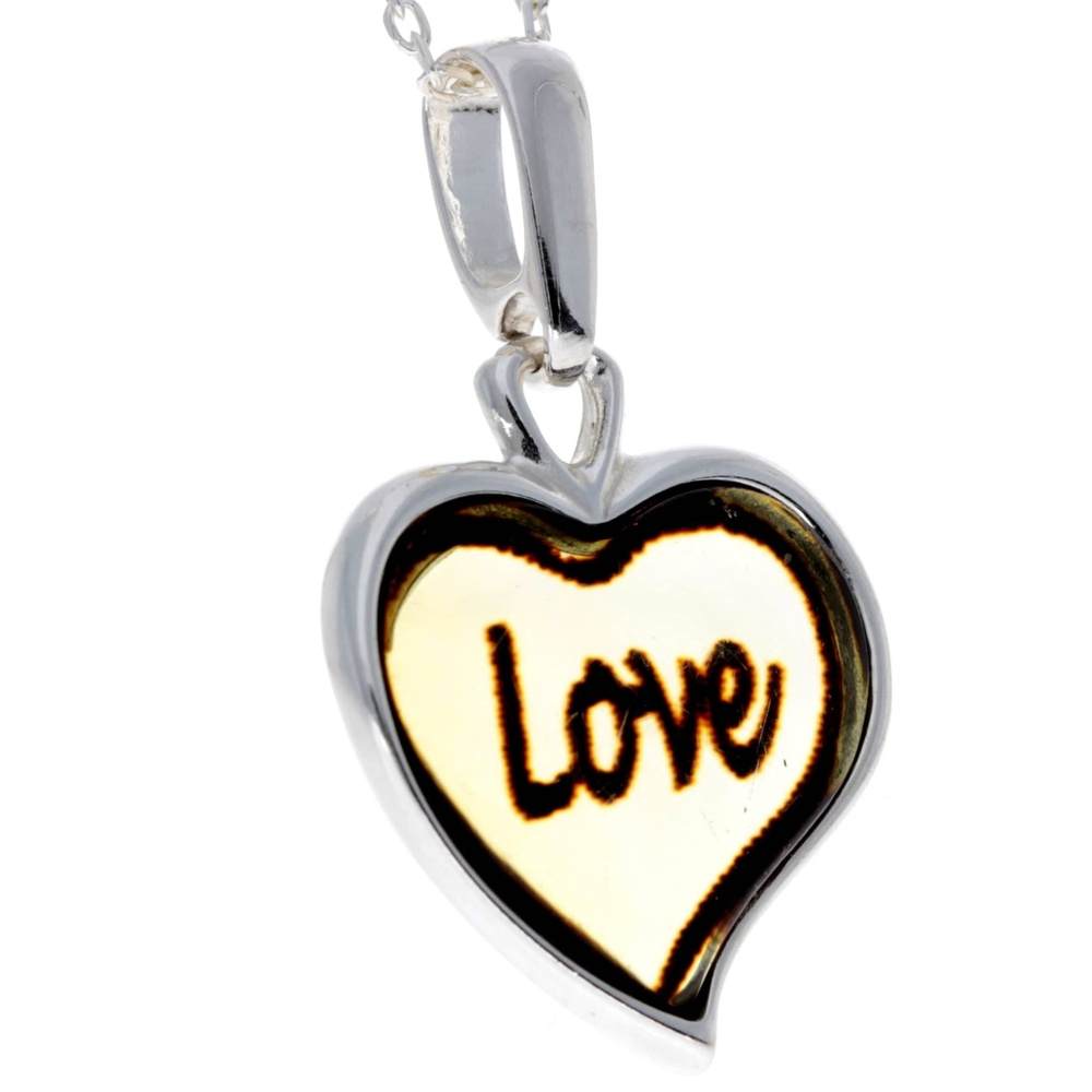 925 Sterling Silver & Baltic Amber Classic Heart Engraved Pendant - AD200