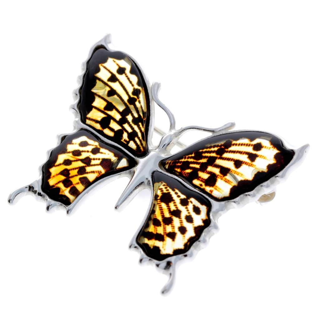 925 Sterling Silver & Baltic Amber Exclusive Large Butterfly Brooch - AD800