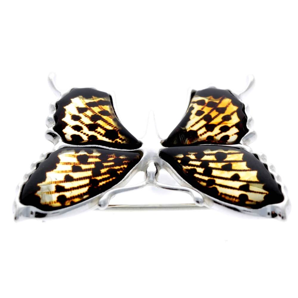 925 Sterling Silver & Baltic Amber Exclusive Large Butterfly Brooch - AD800