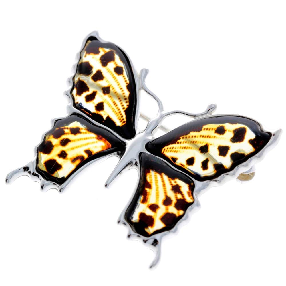 925 Sterling Silver & Baltic Amber Exclusive Large Butterfly Brooch - AD800