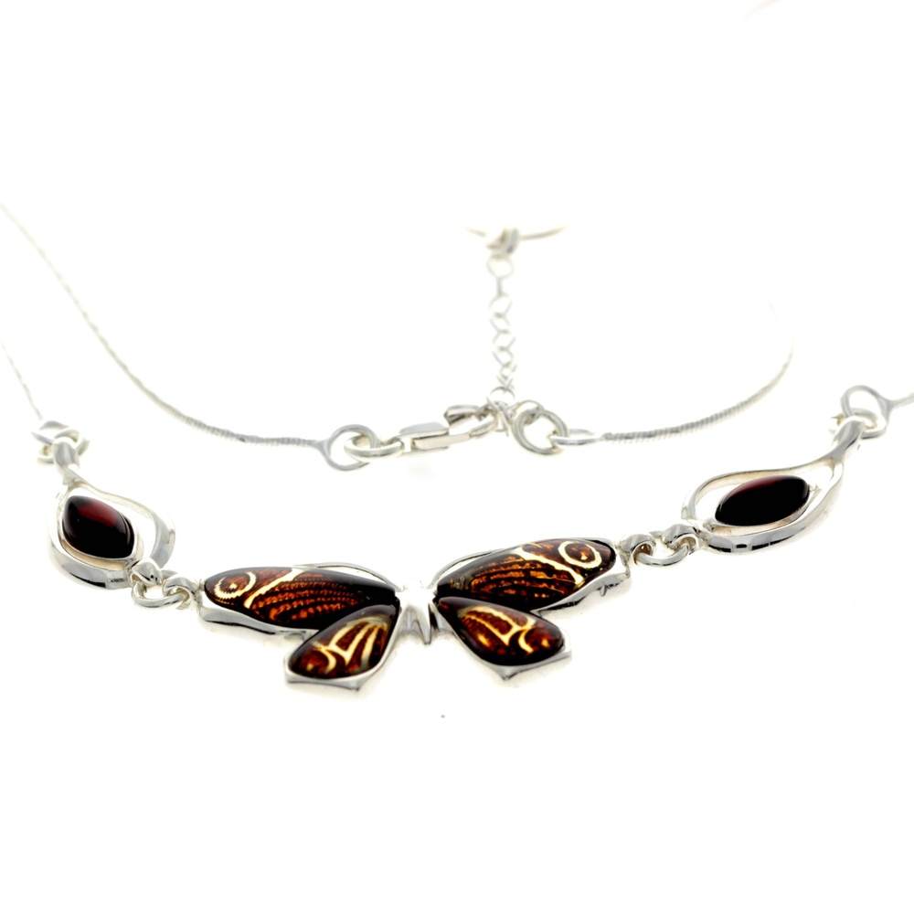 925 Sterling Silver & Genuine Baltic Engraved Amber Multi Stones Butterfly Modern Exclusive Necklace - AF900