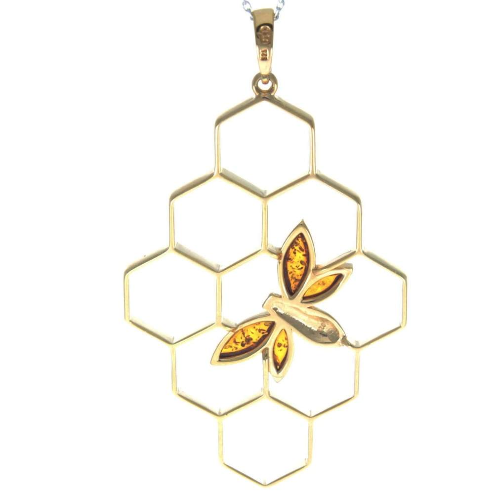 925 Sterling Silver 22 Carat Gold Plated with Genuine Baltic Amber Large Honey Bee Pendant - AG201