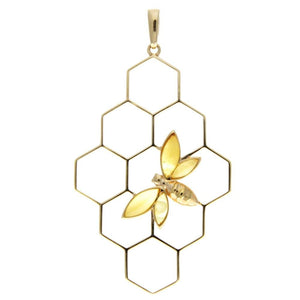 925 Sterling Silver 22 Carat Gold Plated with Genuine Baltic Amber Large Honey Bee Pendant - AG201