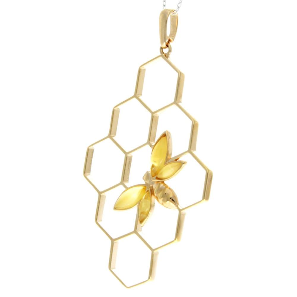 925 Sterling Silver 22 Carat Gold Plated with Genuine Baltic Amber Large Honey Bee Pendant - AG201