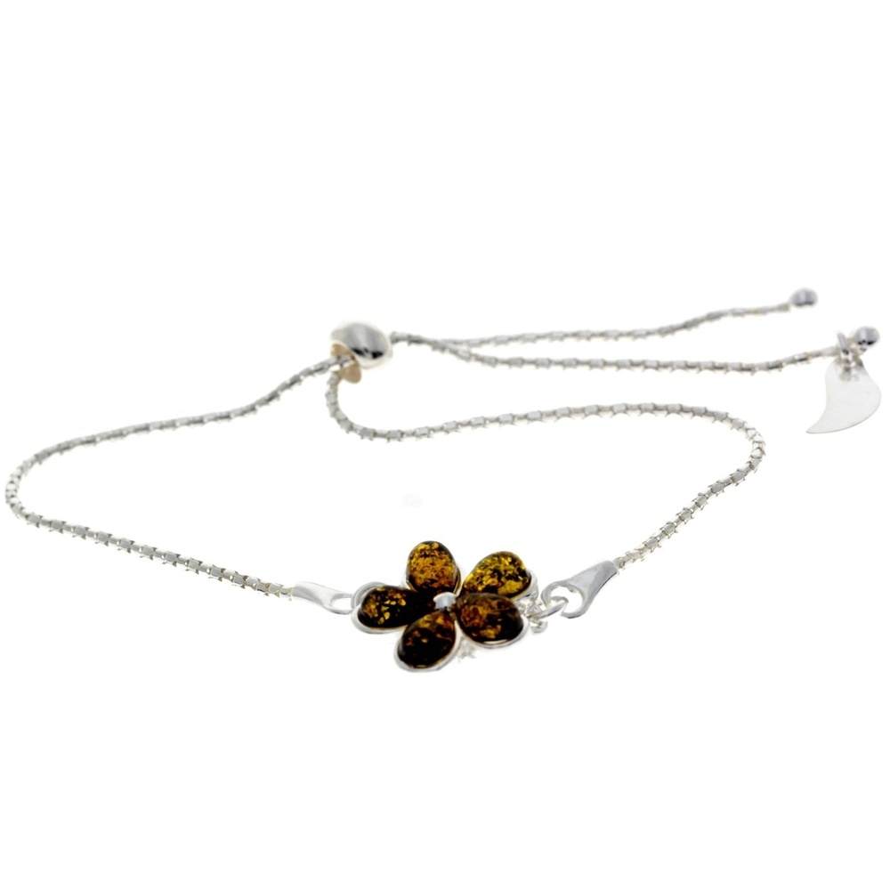 925 Sterling Silver & Baltic Amber Modern Flower Adjustable Bracelet - AXB3