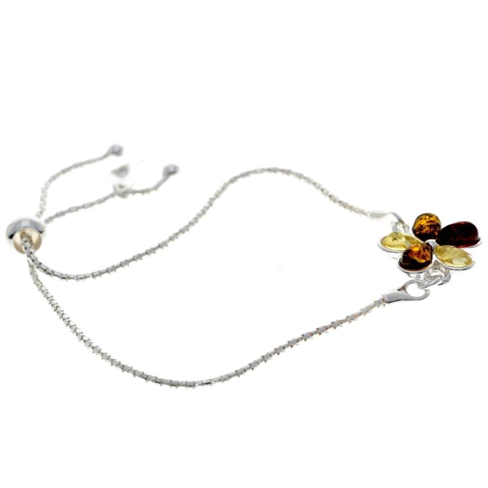 925 Sterling Silver & Baltic Amber Modern Flower Adjustable Bracelet - AXB3