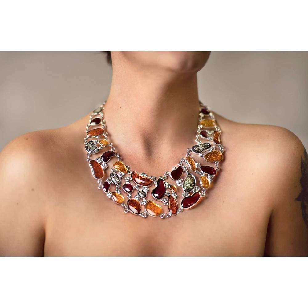925 Sterling Silver & Genuine Baltic Amber Multi Stones Unique Heavy Exclusive Necklace - AD907