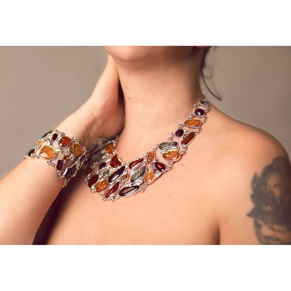 925 Sterling Silver & Genuine Baltic Amber Multi Stones Unique Heavy Exclusive Necklace - AD907