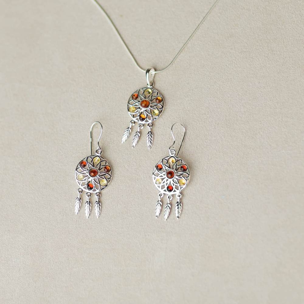 925 Sterling Silver & Baltic Amber Large Dream catcher Pendant - GL368S