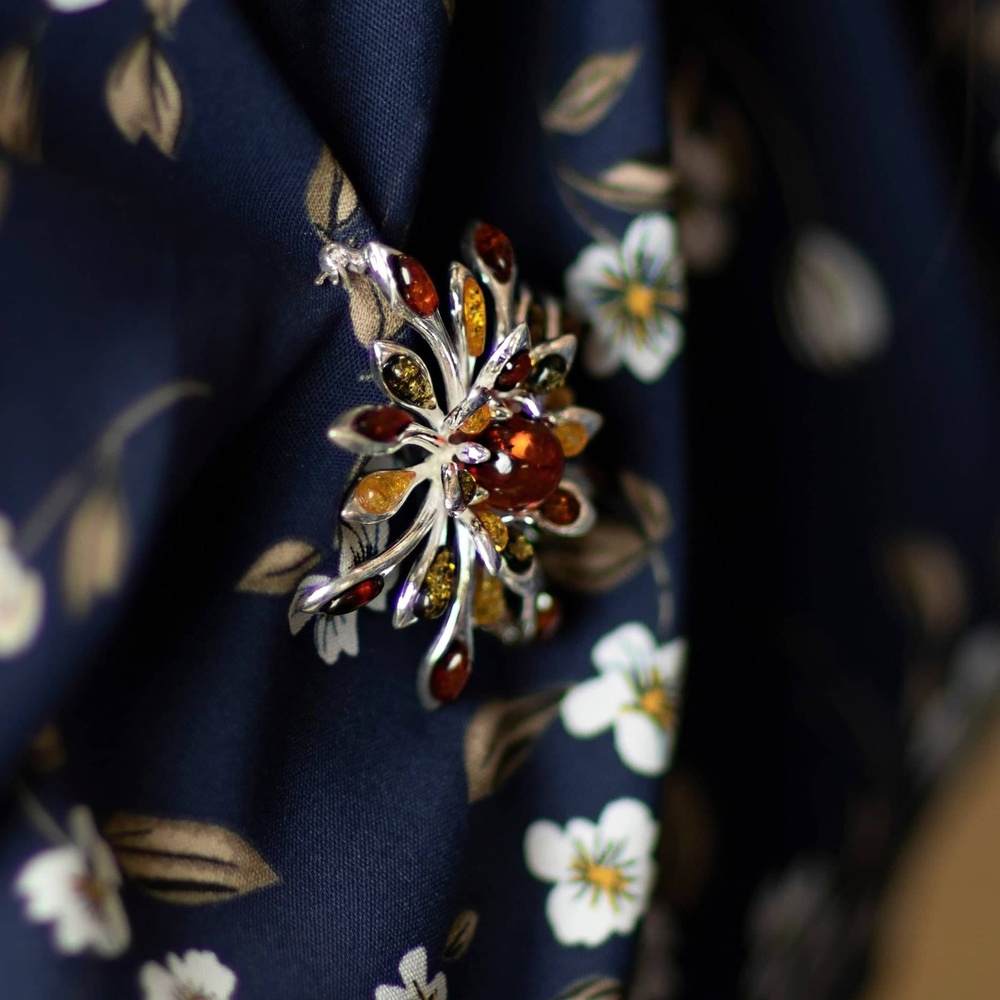 925 Sterling Silver & Baltic Amber Exclusive Large Flower Brooch - 4056