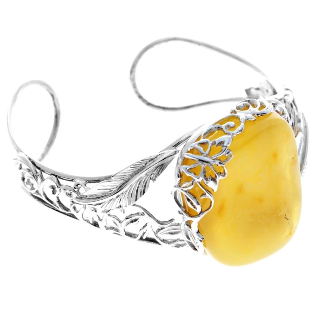 925 Sterling Silver & Genuine Lemon Baltic Amber Exclusive Bangle - BL0169