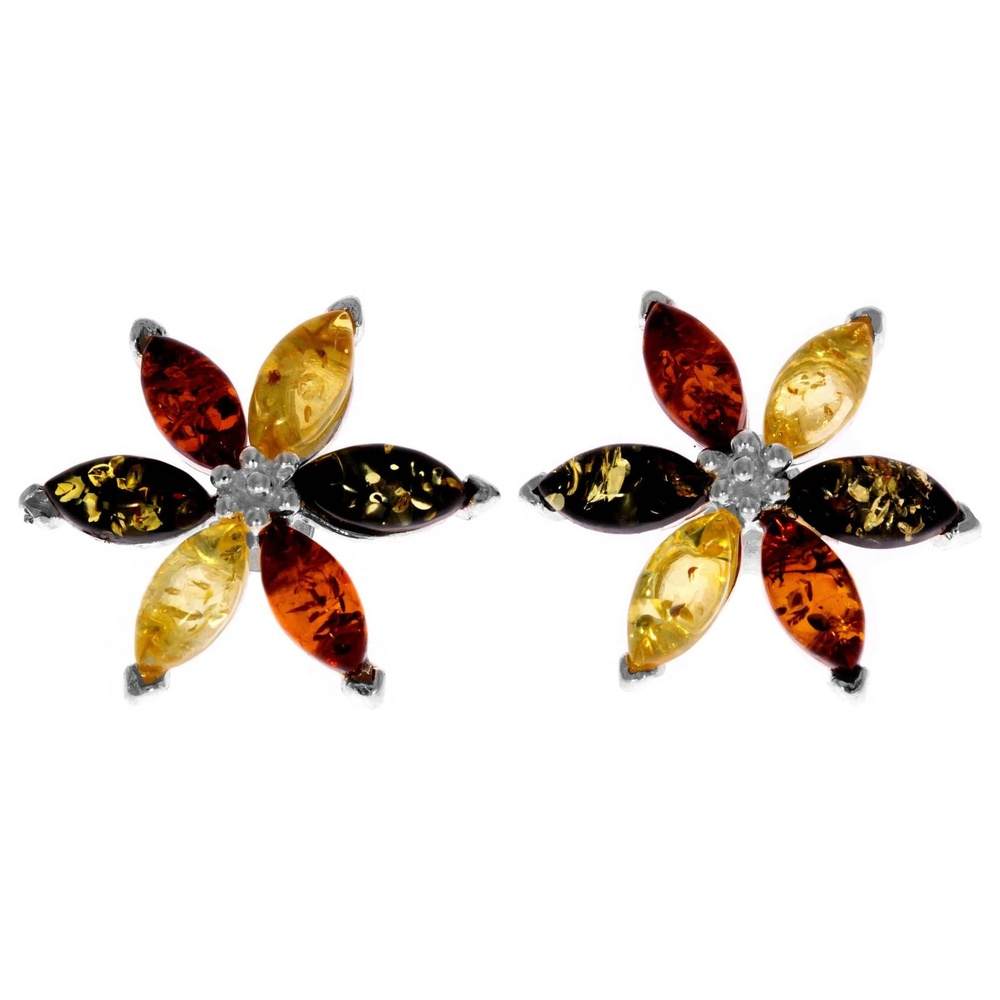 925 Sterling Silver & Genuine Baltic Amber Large Flowers Studs Earrings - 5281