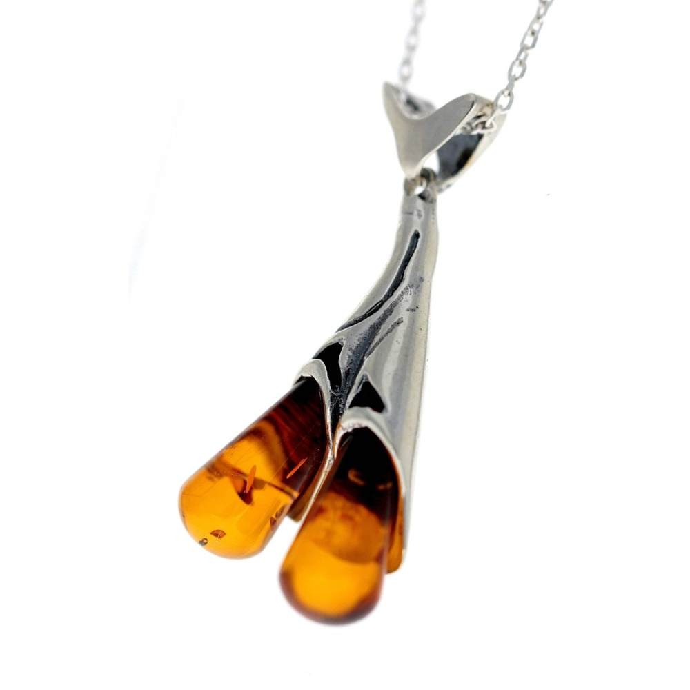 925 Sterling Silver & Genuine Baltic Amber Modern Pendant - G219