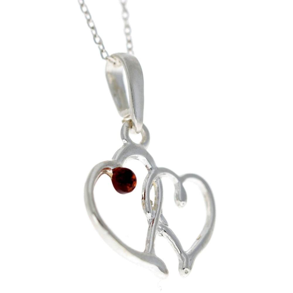 925 Sterling Silver & Genuine Baltic Amber Double Heart Pendant - G230