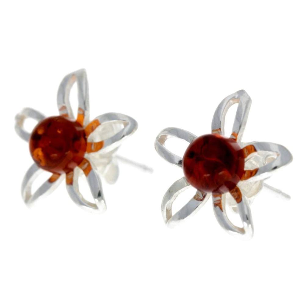 925 Sterling Silver & Genuine Baltic Amber Classic Stars Flowers Studs Earrings - GL075