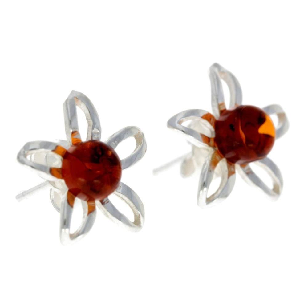 925 Sterling Silver & Genuine Baltic Amber Classic Stars Flowers Studs Earrings - GL075