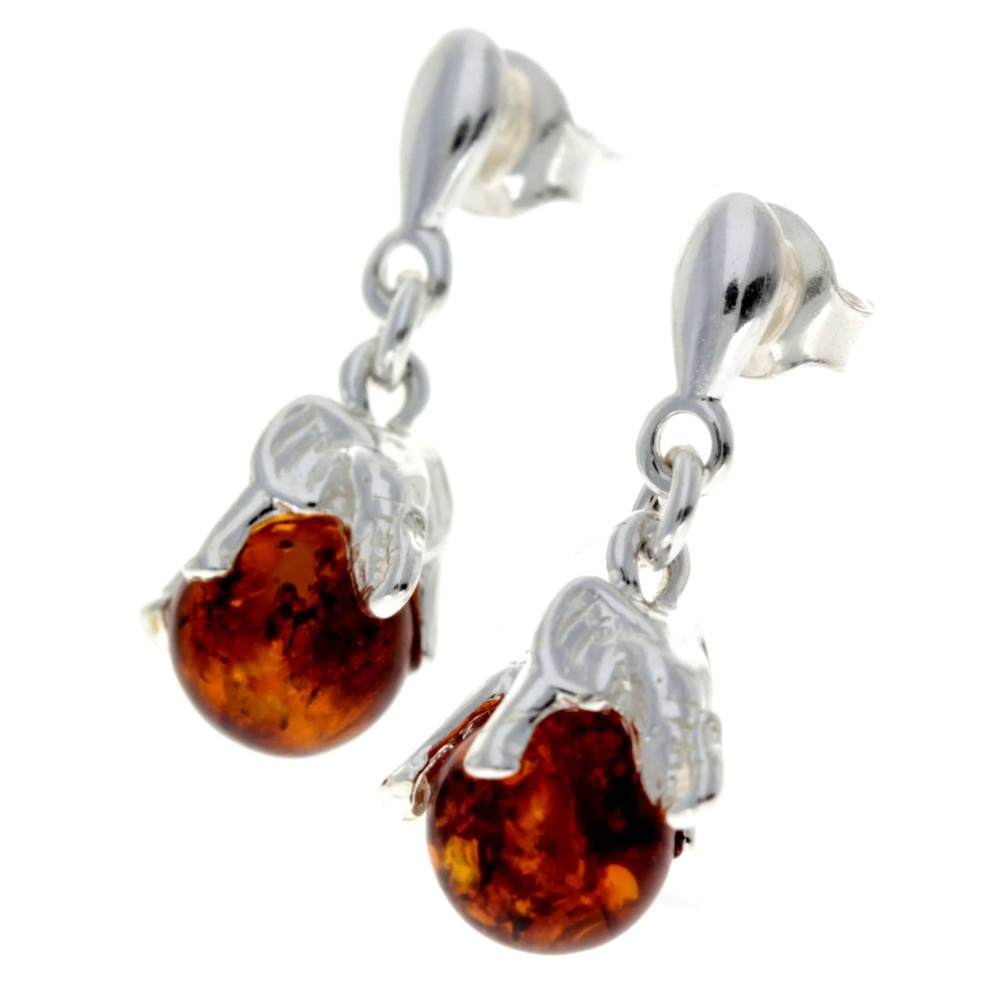925 Sterling Silver Elephant on Baltic Amber Ball Drop Earrings GL083
