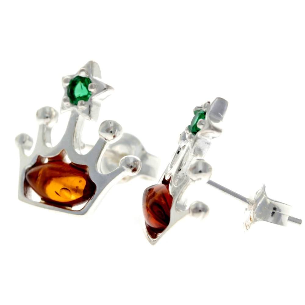 925 Sterling Silver & Genuine Baltic Amber Crown Queen Studs Earrings - GL1003