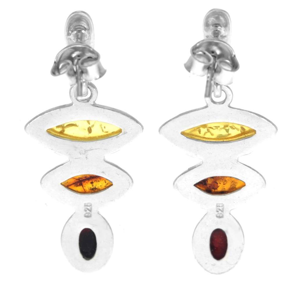 925 Sterling Silver & Genuine Baltic Amber 3 Stone Modern Drop Earrings - GL1007M