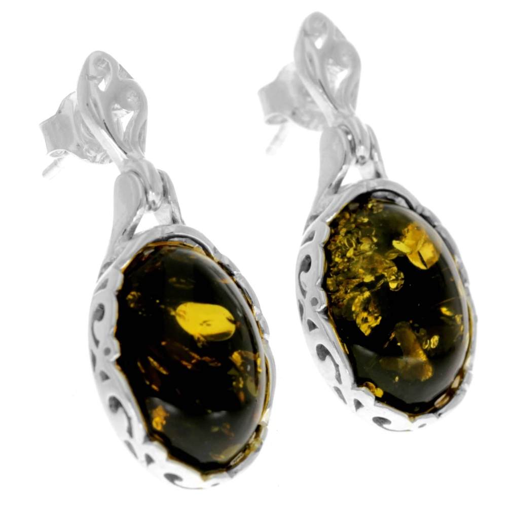 925 Sterling Silver & Genuine Baltic Amber Celtic Modern Drop Earrings - GL1009