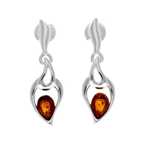 925 Sterling Silver & Genuine Baltic Amber Modern Drop Earrings - GL152
