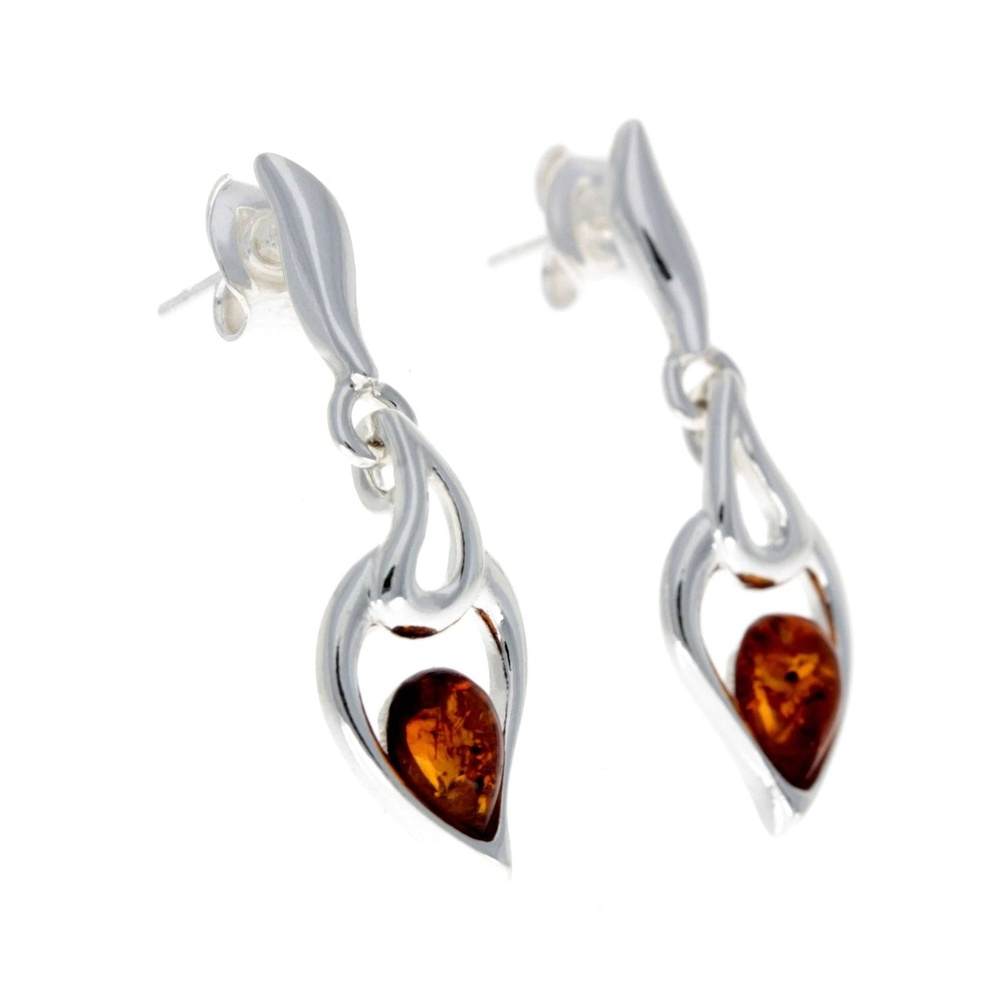 925 Sterling Silver & Genuine Baltic Amber Modern Drop Earrings - GL152